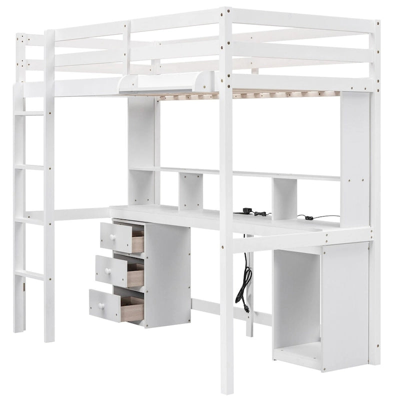 Lit mezzanine double/grand avec bureau de rangement multiple, lumière LED et tablette de chevet, station de recharge, blanc
