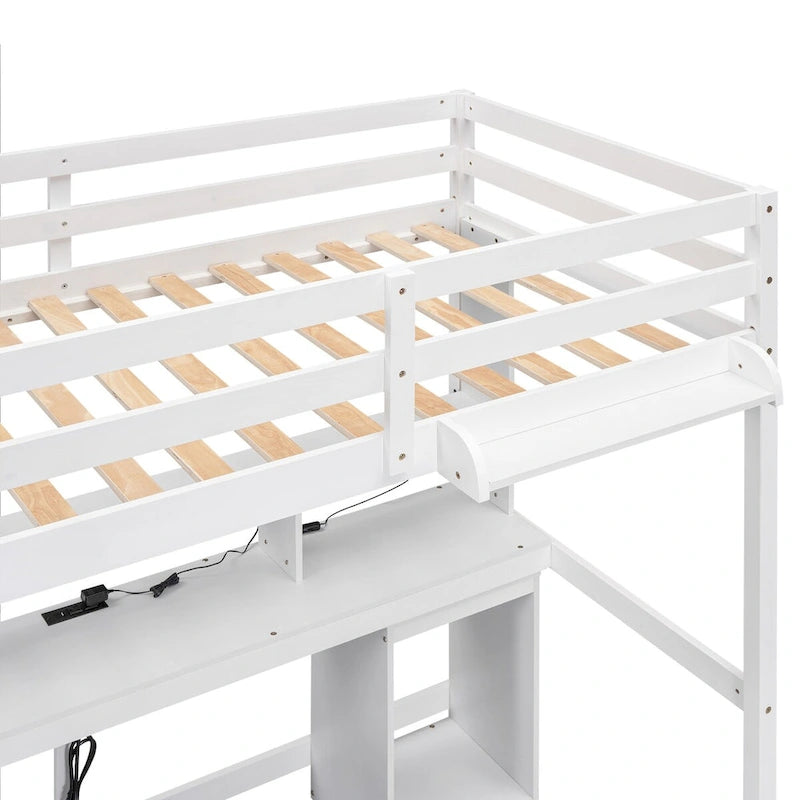 Lit mezzanine double/grand avec bureau de rangement multiple, lumière LED et tablette de chevet, station de recharge, blanc
