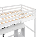 Lit mezzanine double/grand avec bureau de rangement multiple, lumière LED et tablette de chevet, station de recharge, blanc