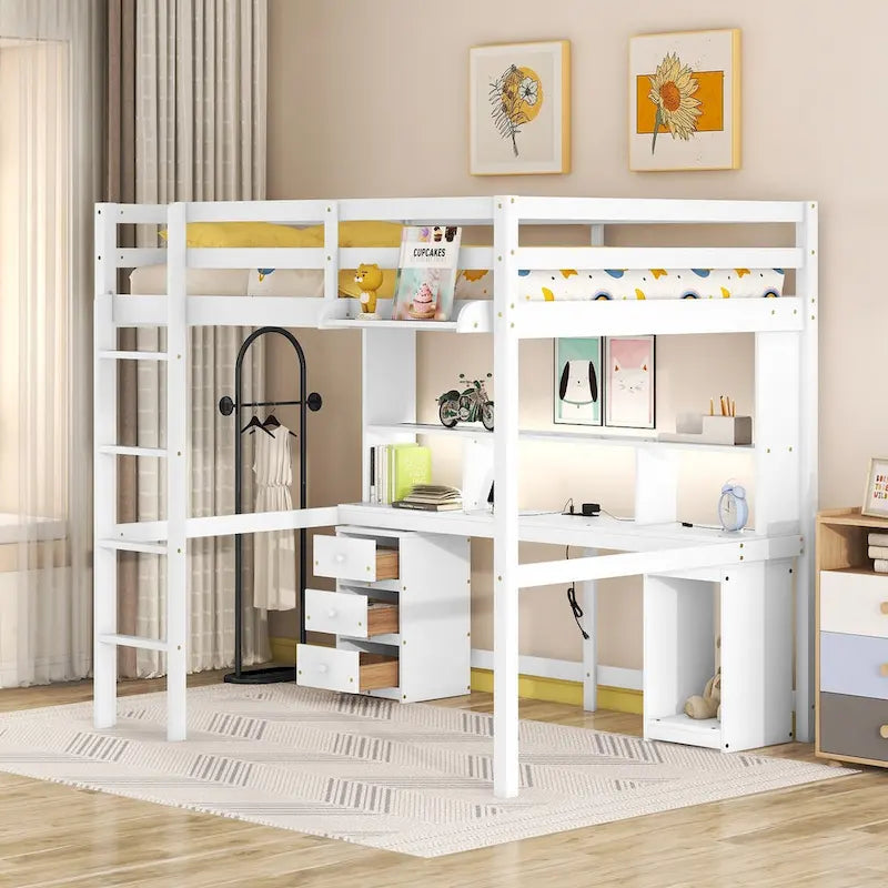 Lit mezzanine double/grand avec bureau de rangement multiple, lumière LED et tablette de chevet, station de recharge, blanc