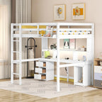 Lit mezzanine double/grand avec bureau de rangement multiple, lumière LED et tablette de chevet, station de recharge, blanc