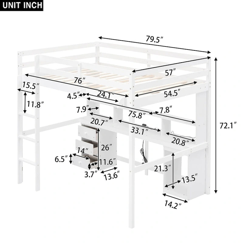 Lit mezzanine double/grand avec bureau de rangement multiple, lumière LED et tablette de chevet, station de recharge, blanc