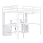 Lit mezzanine double/grand avec bureau de rangement multiple, lumière LED et tablette de chevet, station de recharge, blanc