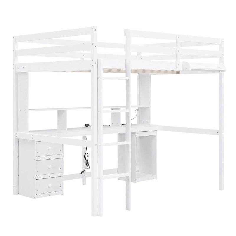 Lit mezzanine double/grand avec bureau de rangement multiple, lumière LED et tablette de chevet, station de recharge, blanc