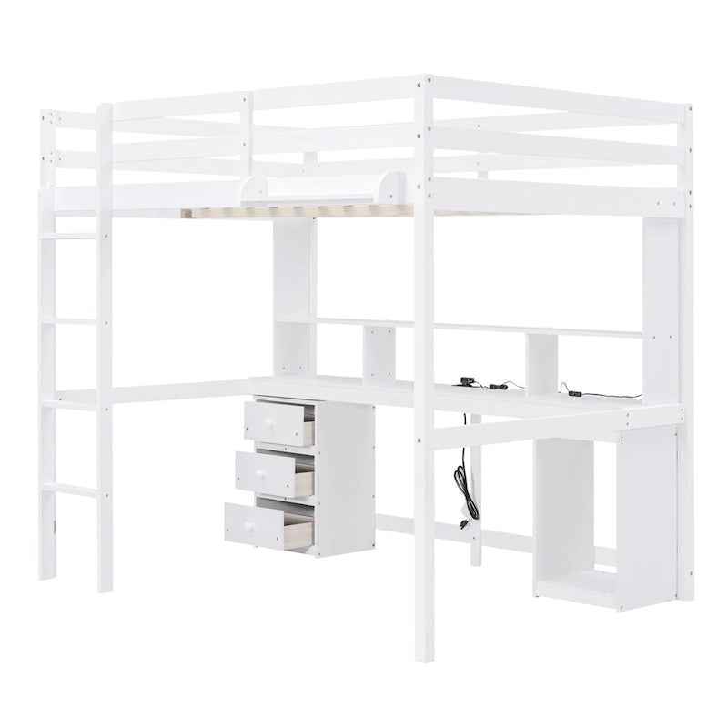 Lit mezzanine double/grand avec bureau de rangement multiple, lumière LED et tablette de chevet, station de recharge, blanc