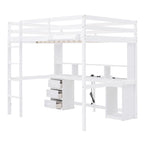 Lit mezzanine double/grand avec bureau de rangement multiple, lumière LED et tablette de chevet, station de recharge, blanc