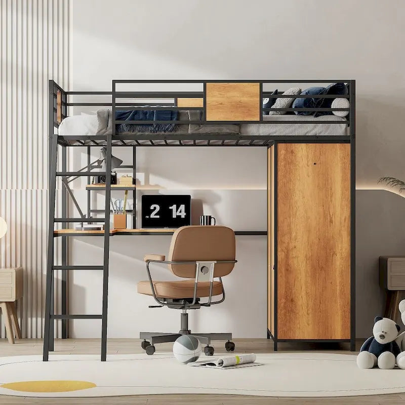 Lit mezzanine double avec bureau en L et armoire