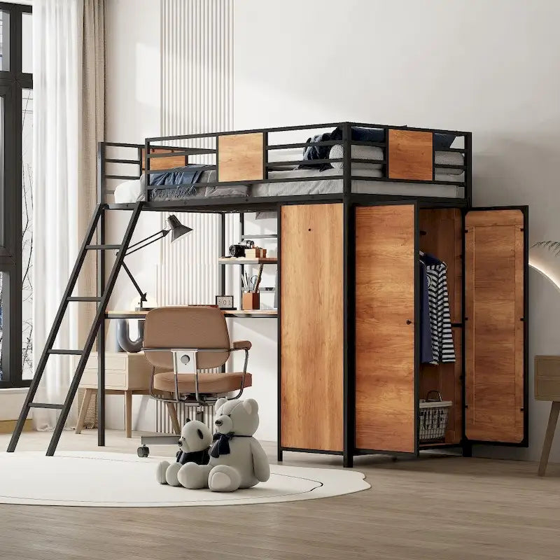 Lit mezzanine double avec bureau en L et armoire