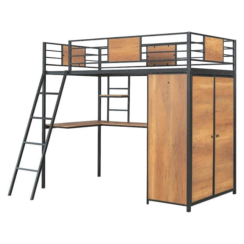 Lit mezzanine double avec bureau en L et armoire