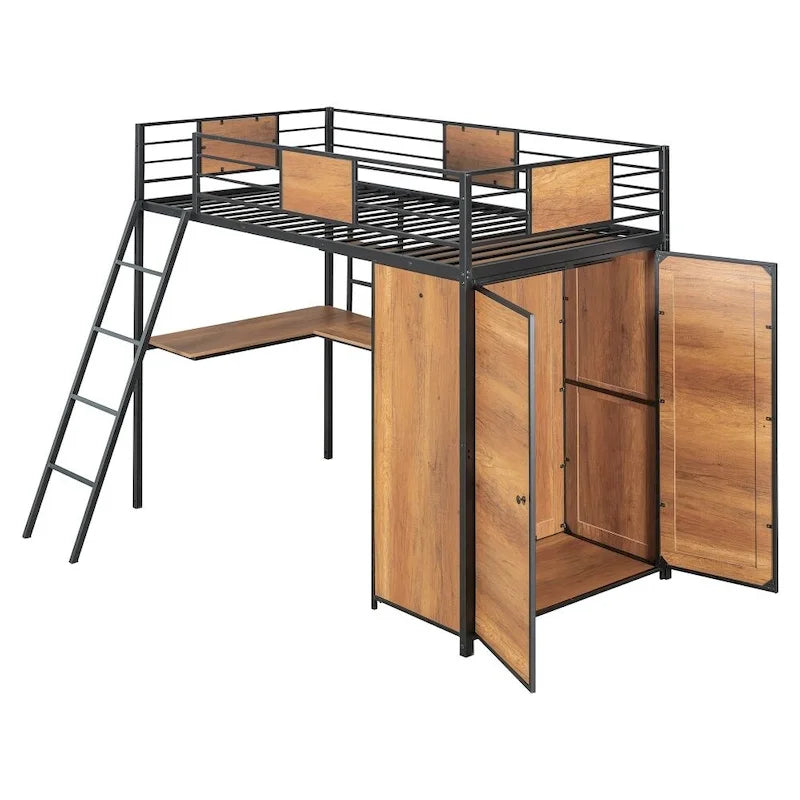Lit mezzanine double avec bureau en L et armoire