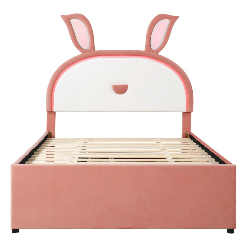 Lit plateforme capitonné rose avec lit gigogne, 3 tiroirs et tête de lit lapin LED