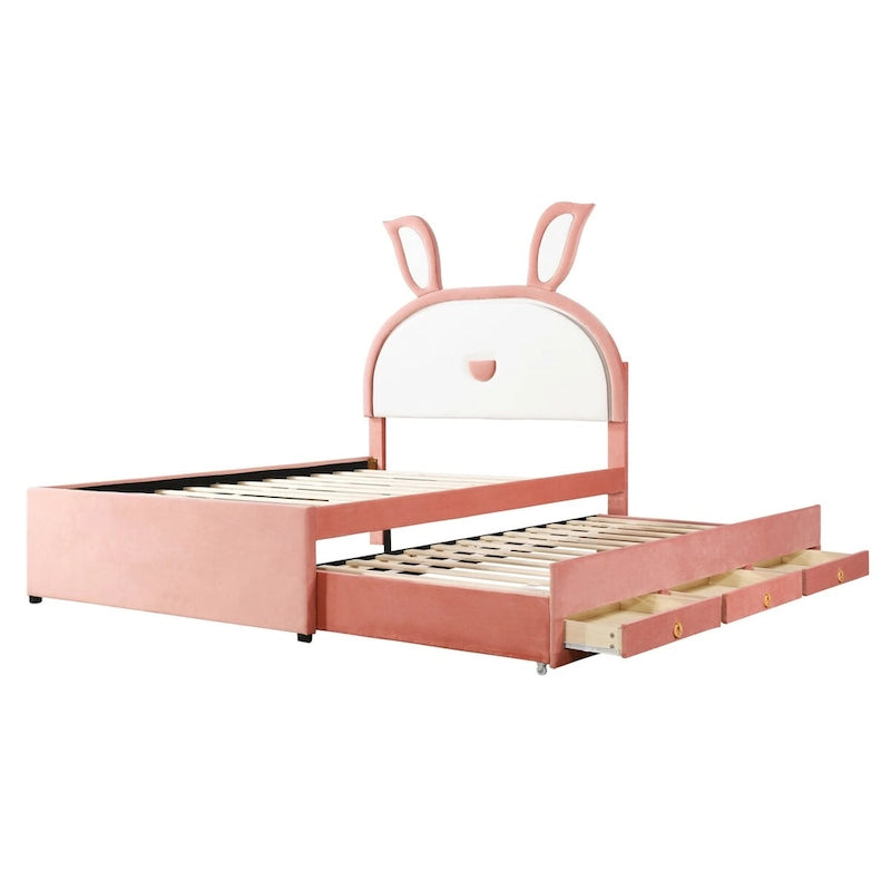 Lit plateforme capitonné rose avec lit gigogne, 3 tiroirs et tête de lit lapin LED