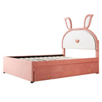 Lit plateforme capitonné rose avec lit gigogne, 3 tiroirs et tête de lit lapin LED