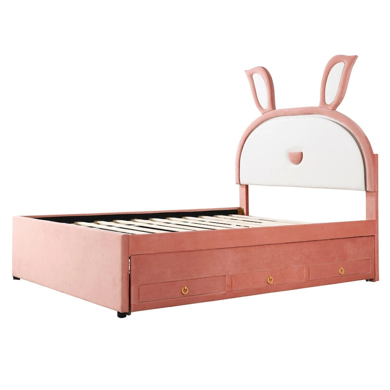 Lit plateforme capitonné rose avec lit gigogne, 3 tiroirs et tête de lit lapin LED