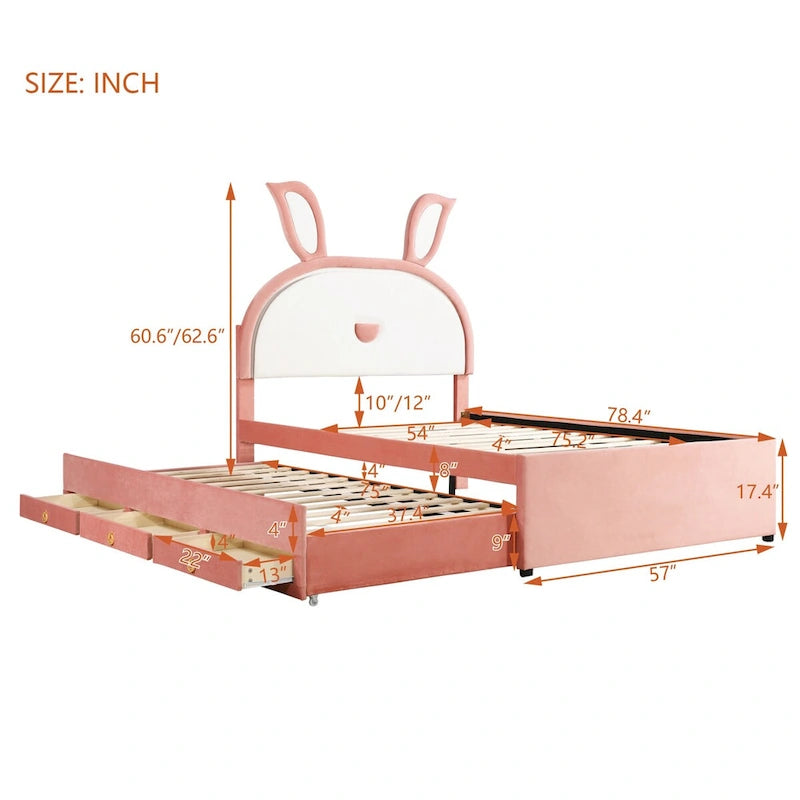 Lit plateforme capitonné rose avec lit gigogne, 3 tiroirs et tête de lit lapin LED