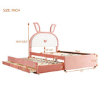 Lit plateforme capitonné rose avec lit gigogne, 3 tiroirs et tête de lit lapin LED