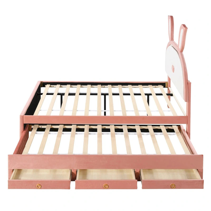 Lit plateforme capitonné rose avec lit gigogne, 3 tiroirs et tête de lit lapin LED