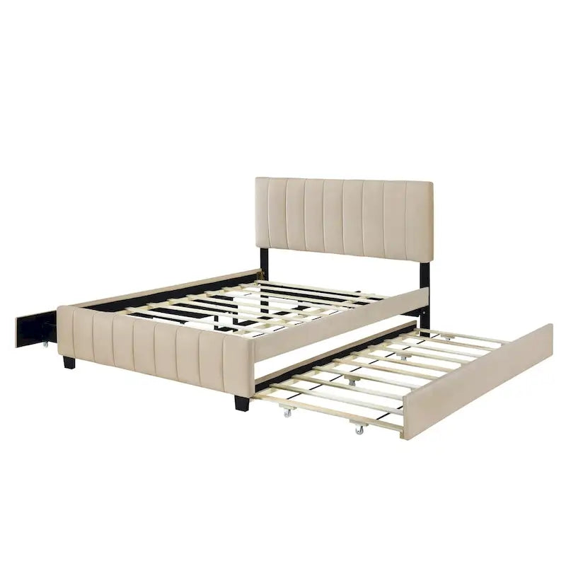 Lit plate-forme capitonné en velours Queen Size avec 2 tiroirs et 1 lit gigogne Twin XL
