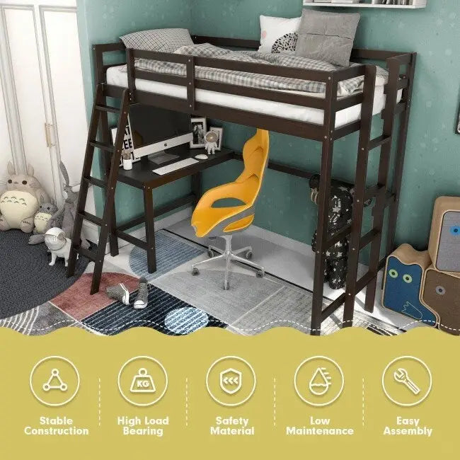 Lit mezzanine double avec bureau incliné et échelle intégrée