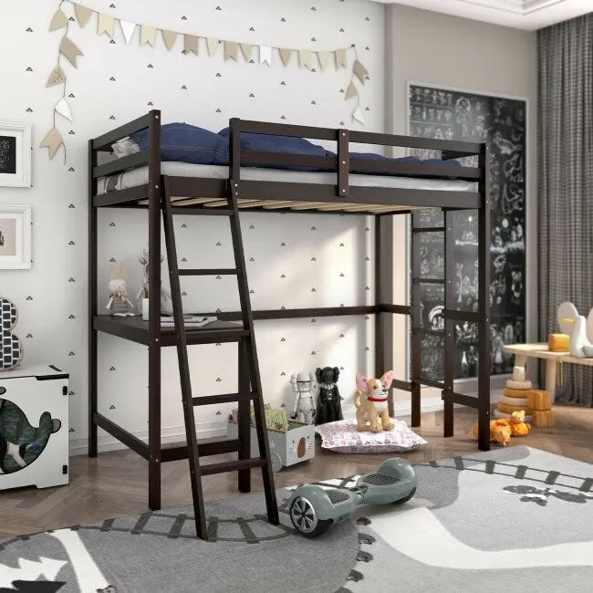 Lit mezzanine double avec bureau incliné et échelle intégrée