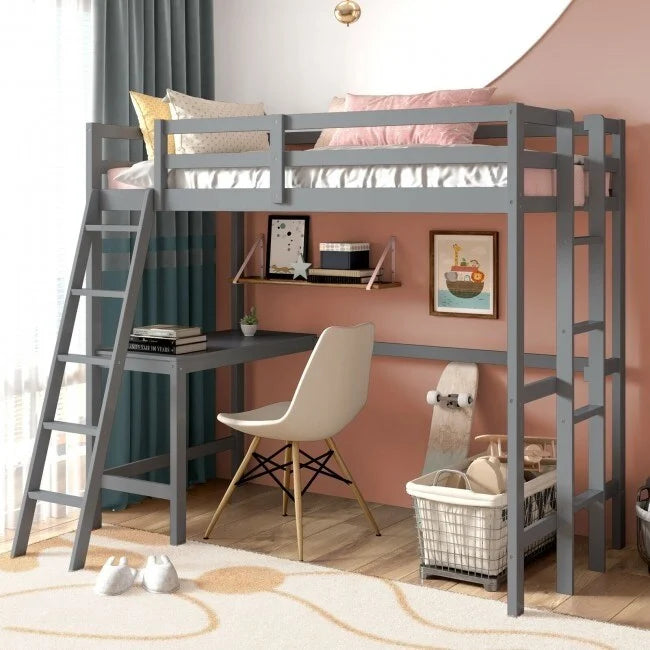 Lit mezzanine double avec bureau incliné et échelle intégrée