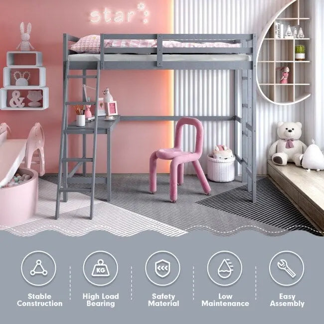 Lit mezzanine double avec bureau incliné et échelle intégrée