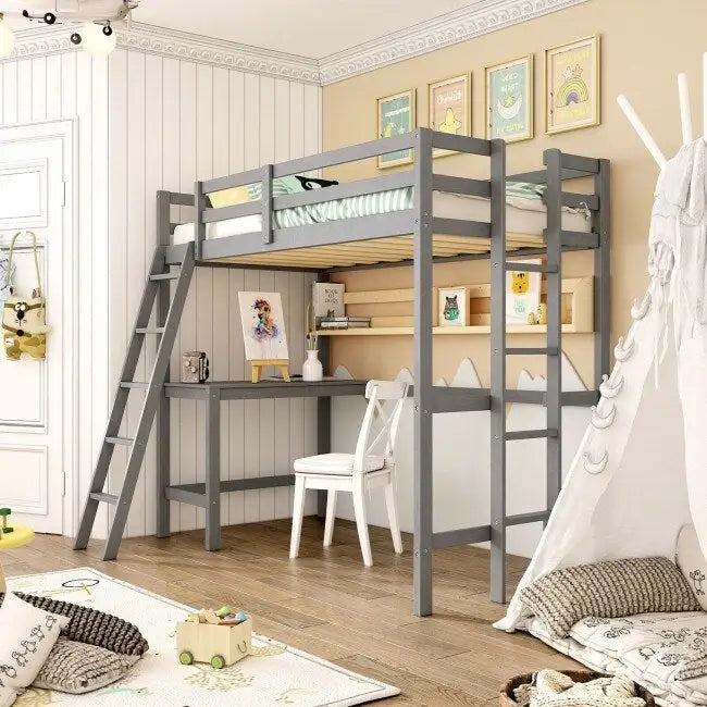 Lit mezzanine double avec bureau incliné et échelle intégrée